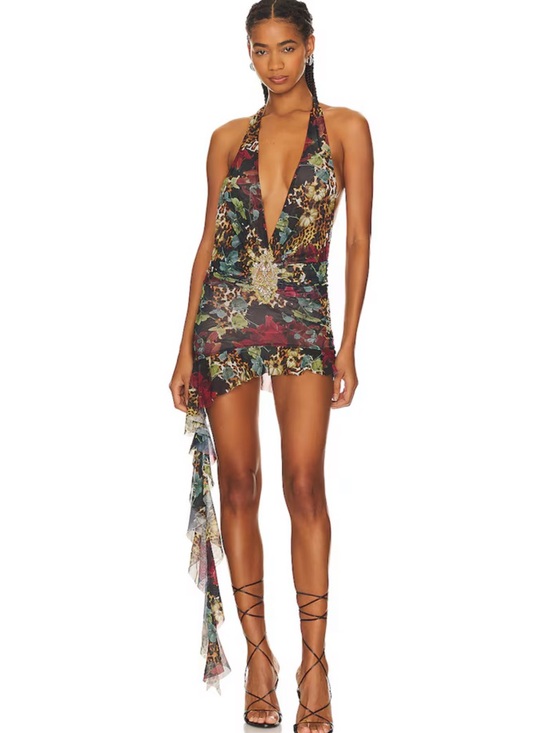Jaded London Dresses & Skirts - Jaded London Multicolor Floral & Animal Print Plunge Halter Mini Dress